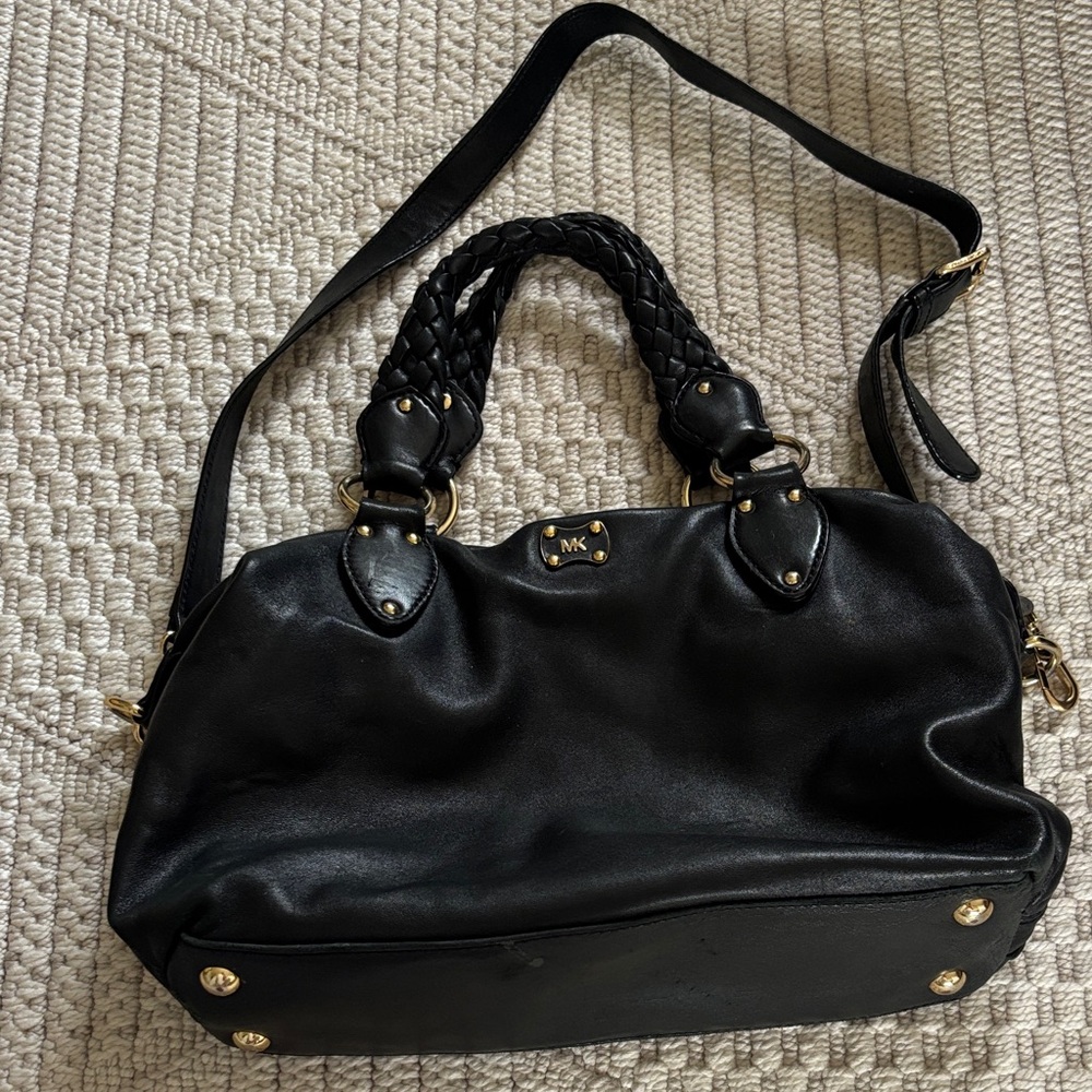 Michael Kors Black Leather Shoulder Satchel with Braided Handles